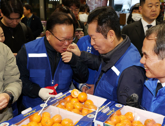 더불어민주당 정청래 대표와 민주당의 대구시장 후보로 확정된 김부겸 전 총리가 8일 오전 대구 북구 매천동 농수산물도매시장을 찾아 민생현장을 살피며 귤을 맛보고 있다. 2026.4.8 연합뉴스