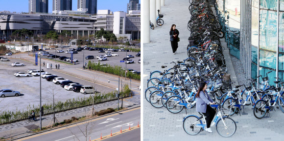 공공기관 승용차 2부제 시행 첫날인 8일 세종시 정부세종청사의 옥외 주차장이 평소에 비해 한산한 모습이다(왼쪽 사진). 정부세종청사 중앙동의 자전거 주차장에 출근하는 공무원들이 타고 온 자전거가 가득 세워져 있다(오른쪽 사진). 2026.4.8 연합뉴스