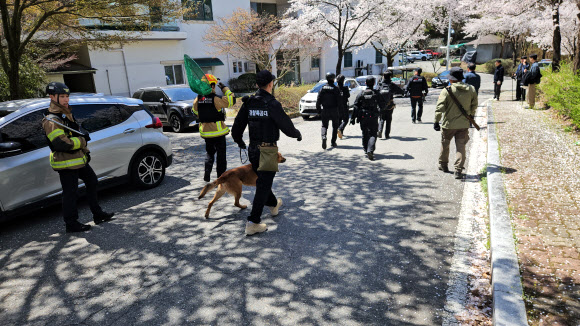 8일 오전 9시 30분께 대전 중구 사정동 오월드에서 늑대 1마리가 탈출했다. 오월드와 중구, 경찰, 소방 당국 등은 합동으로 수색 및 포획 작업에 나서고 있다. 늑대는 현재 오월드 밖 근처 사거리까지 나간 것으로 확인됐다. 사진은 오월드에서 늑대 수색하는 소방 당국. 2026.4.8. 대전소방본부 제공