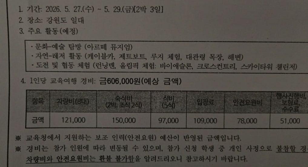 한 학교의 강릉 수학여행 통지서. 온라인커뮤니티