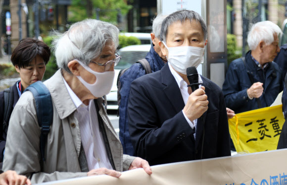 미쓰비시중공업에 강제징용 사죄 호소하는 야노 히데키 사무국장