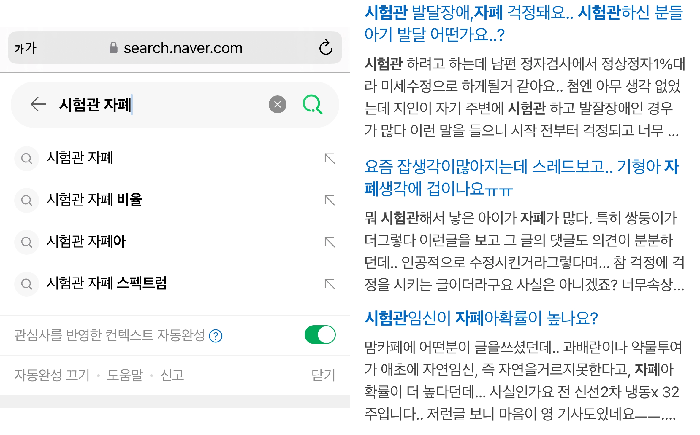 포털사이트에 ‘시험관 자폐’를 검색하면 나오는 연관검색어들과 맘카페 등에서 시험관 자폐 관련 주제로 걱정하고 있는 난임 부부들. 포털사이트 네이버 캡처