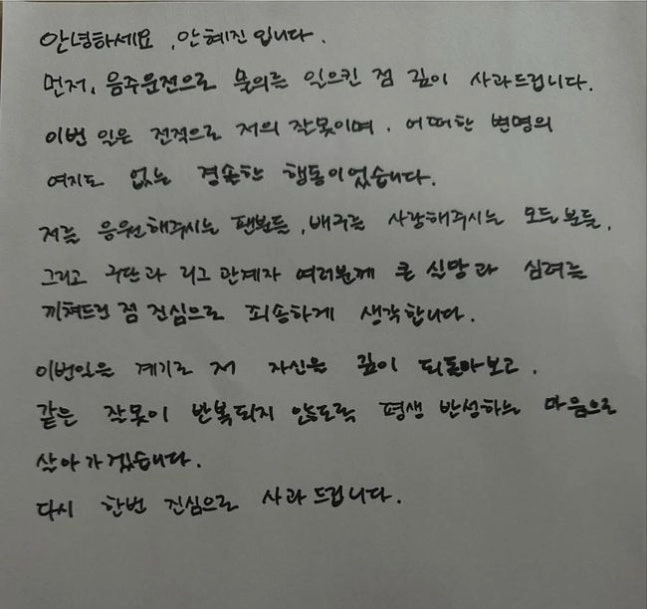 안혜진의 자필 사과문. 안혜진 SNS