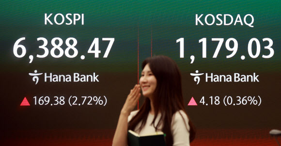 코스피가 21일 2% 넘게 상승해 사상 최고치에서 장을 마쳤다. 이날 코스피는 전장보다 169.38포인트(2.72%) 오른 6,388.47에 거래를 마치며 지난 2월 26일 기록한 종가 기준 사상 최고점(6,307.27)을 약 2개월 만에 경신했다. 사진은 이날 서울 중구 하나은행 본점 딜링룸. 2026.4.21  연합뉴스