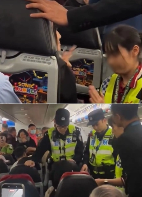 한 중국인 여성의 기내 난동으로 인해 항공기가 1시간 40분 지연되는 사건이 발생했다. SNS 캡처