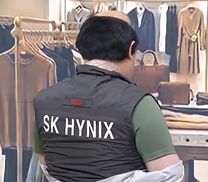지난 25일 공개된 쿠팡플레이 시리즈 ‘SNL 코리아 시즌 8’에서 배우 김규원이 허름한 차림으로 백화점 명품관에 들어서자 점원 정이랑이 난색을 표했지만, 김규원이 점퍼를 벗어 안에 입고 있던 SK하이닉스 회사 조끼를 드러내자 정이랑이 반색하고 있다. 자료 : 쿠팡플레이