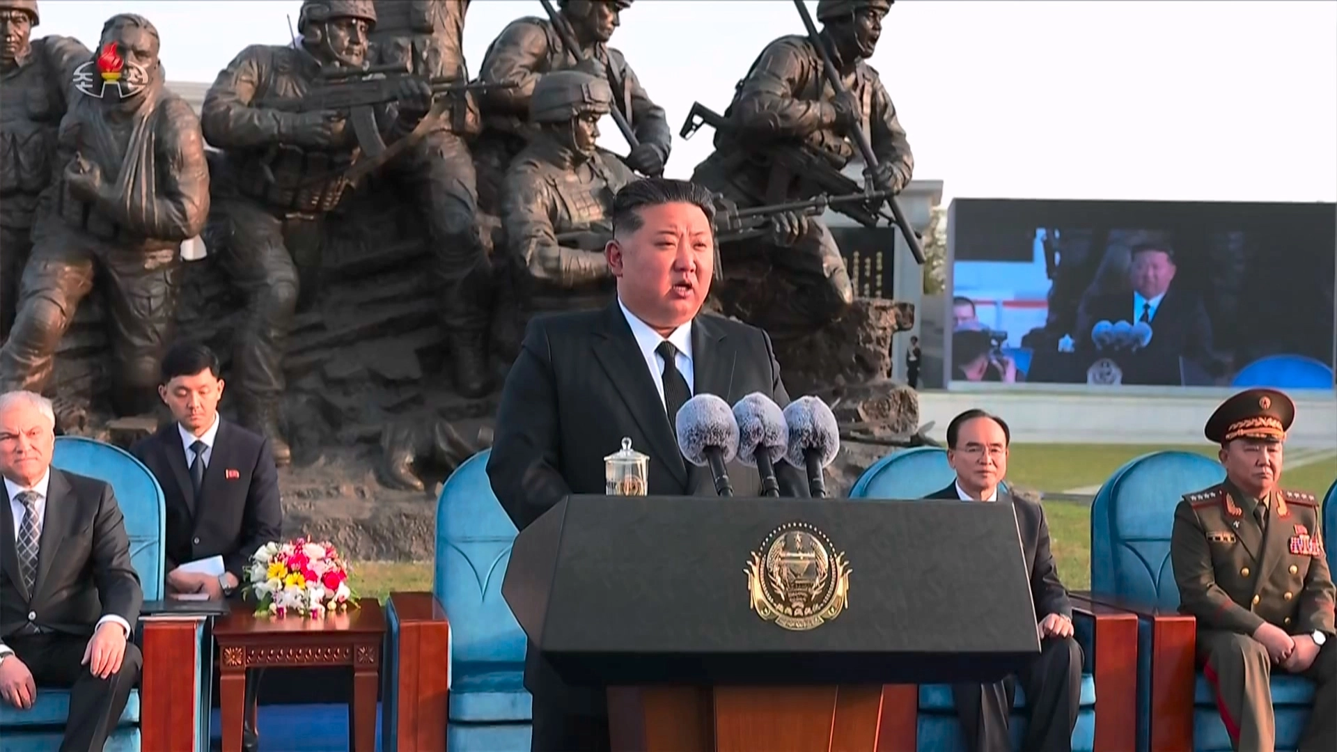 북한, 파병기념관 준공식 개최  김정은 북한 국무위원장이 지난 26일 북한 평양에서 러시아 쿠르스크 해방작전 종결 1주년을 맞아 열린 해외군사작전 전투위훈기념관 준공식에 참석해 연설했다고 북한 조선중앙TV가 27일 보도했다. 2026.4.27 조선중앙TV 뉴시스