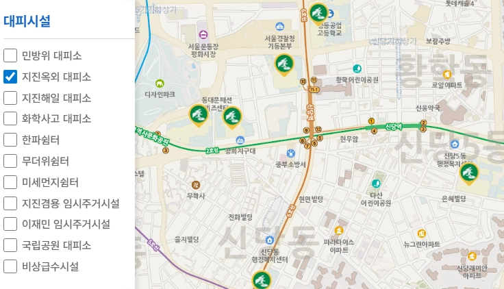 사용자 위치 기반 43종의 재난안전정보를 제공해주는 ‘국민안전24’ 서비스 지도 모습. <자료: 행정안전부>