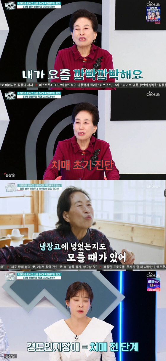 배우 전원주가 치매 초기 진단을 받은 사실을 털어놨다. TV조선 ‘퍼펙트 라이프’ 캡처