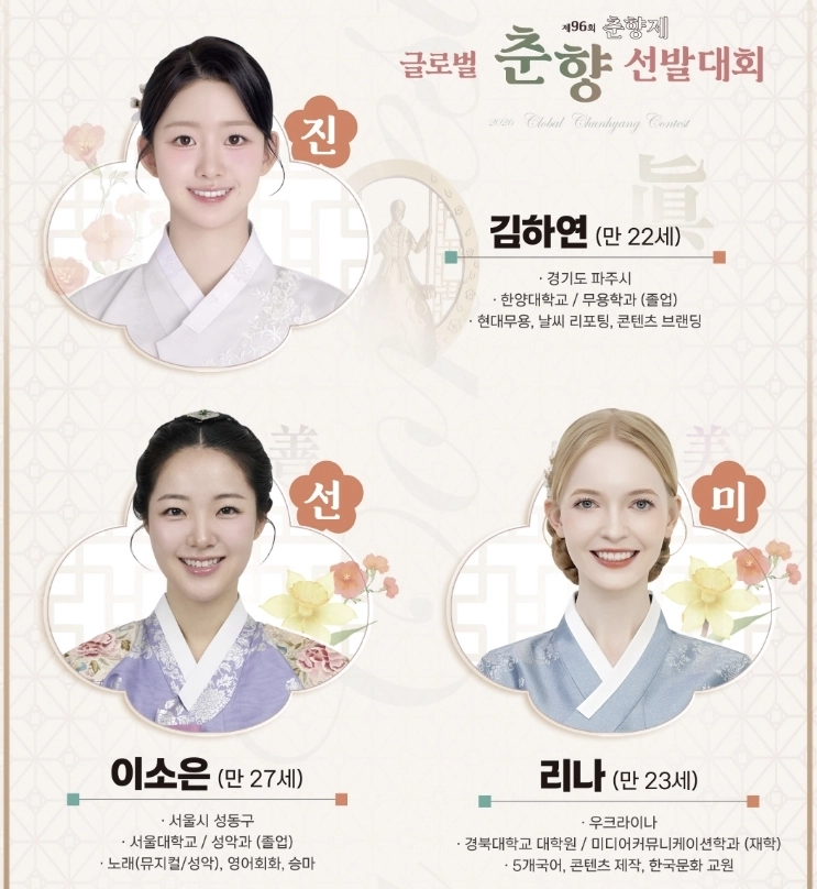 미스 춘향 진 김하연, 선 이소은, 미 리나. 미스춘향선발대회 공식홈페이지 캡처
