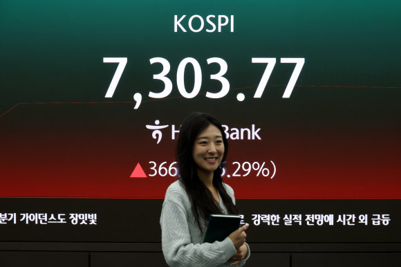 코스피가 7000을 돌파한 6일 서울 하나은행 본점 딜링룸에서 딜러가 미소를 짓고 있다. 2026.5.6  연합뉴스