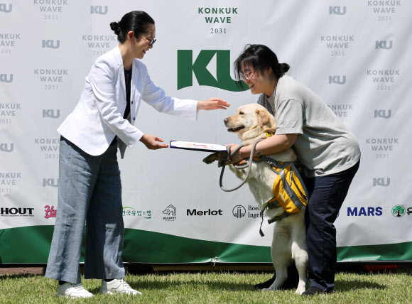 13일 서울 광진구 건국대학교에서 ‘KU아임도그너’ 헌혈센터 개소 5년을 맞아 열린 ‘헌혈 영웅, 고마워요!’ 행사에서 최다헌혈견 ‘복희’가 견주와 생명나눔상을 수상하고 있다. 2026.5.13 연합뉴스