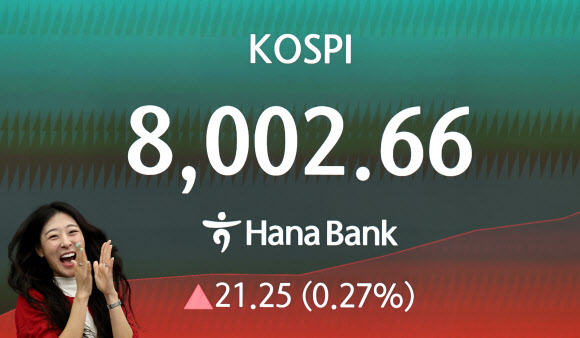 코스피가 8,000선을 돌파한 15일 서울 하나은행 본점 딜링룸에서 딜러가 기뻐하고 있다. 2026.5.15 연합뉴스