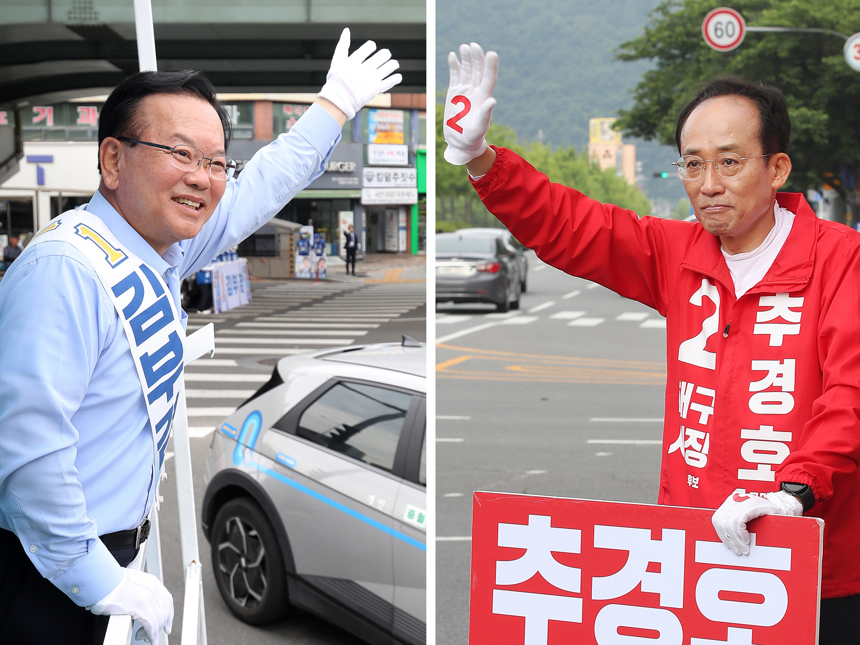 출근길 인사하는 김부겸·추경호 후보  김부겸 더불어민주당 대구시장 후보(왼쪽)가 26일 오전 대구 달서구 상인네거리에서 출근길 시민들을 향해 인사하고 있다. 추경호 국민의힘 대구시장 후보는 같은 날 오전 수성구 두산오거리에서 출근길 시민들을 향해 인사를 하고 있다. 2026.5.26. 뉴스1