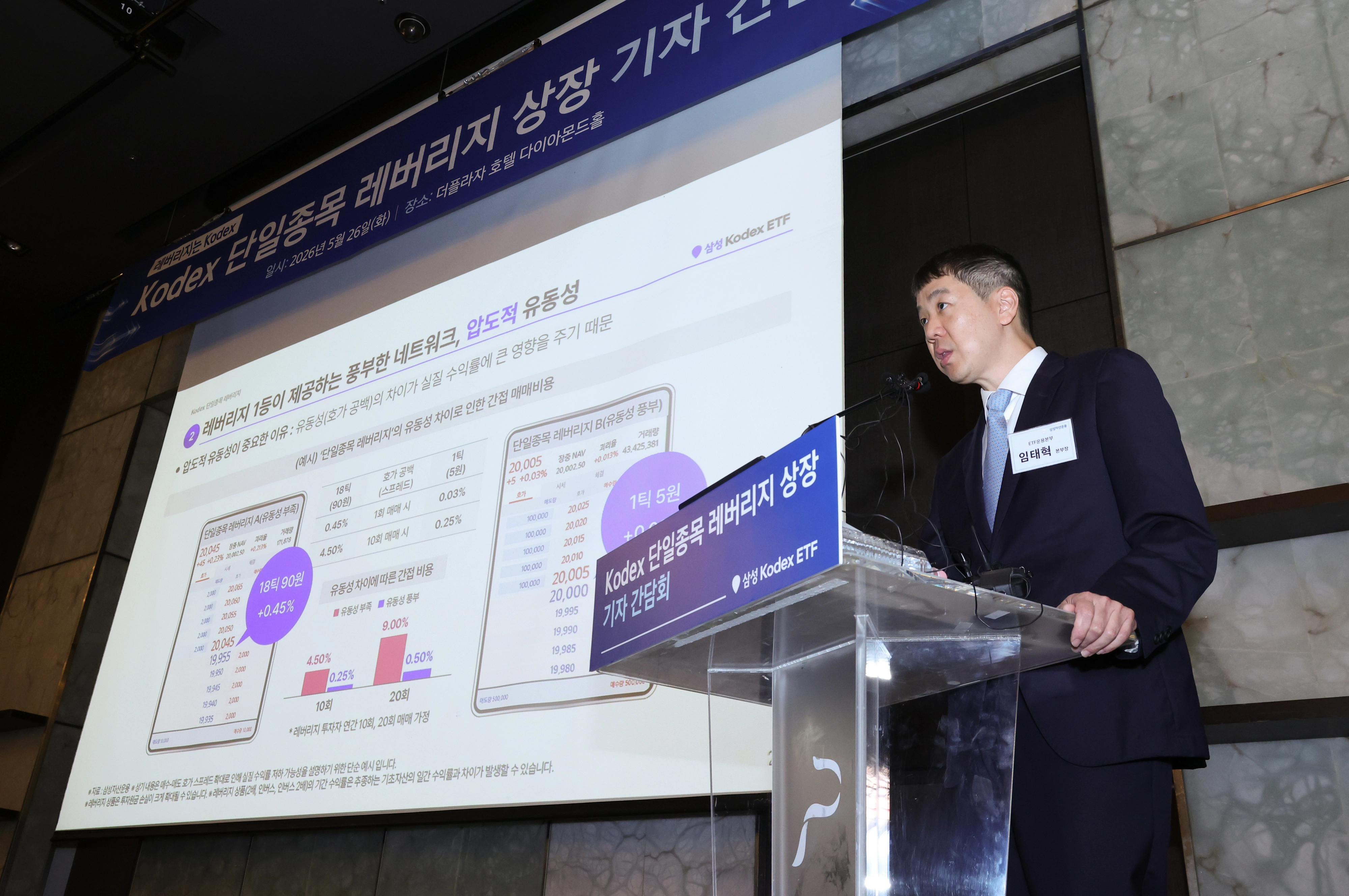 임태혁 삼성자산운용 ETF운용본부장이 26일 오전 서울 중구 플라자 호텔에서 열린 삼성자산운용 KODEX 단일종목 레버리지 상장 기자 간담회에서 발언하고 있다. 뉴시스