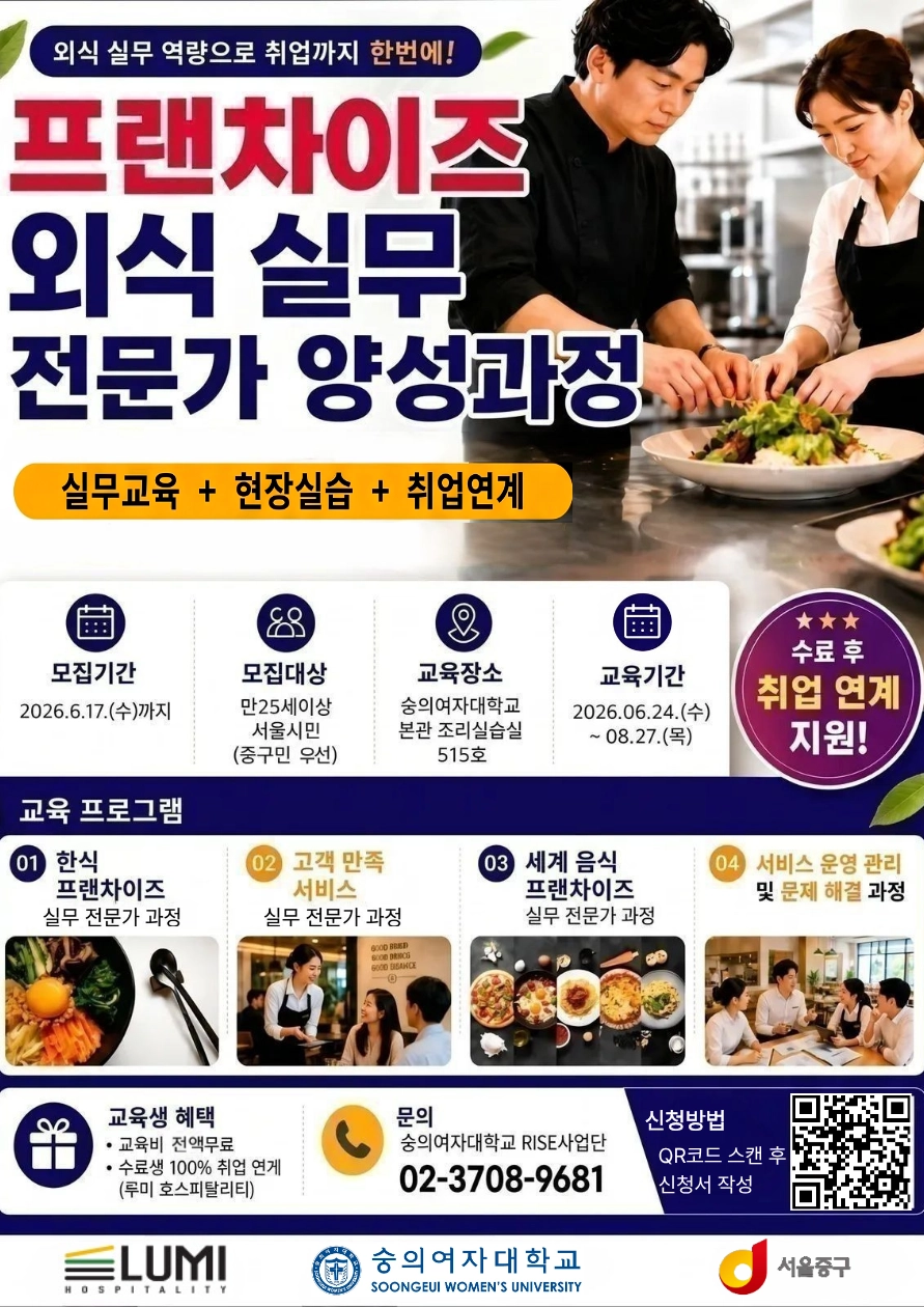 중구 ‘프랜차이즈 외식 실무 전문가 양성과정’  서울 중구 ‘프랜차이즈 외식 실무 전문가 양성과정’ 포스터 
중구 제공