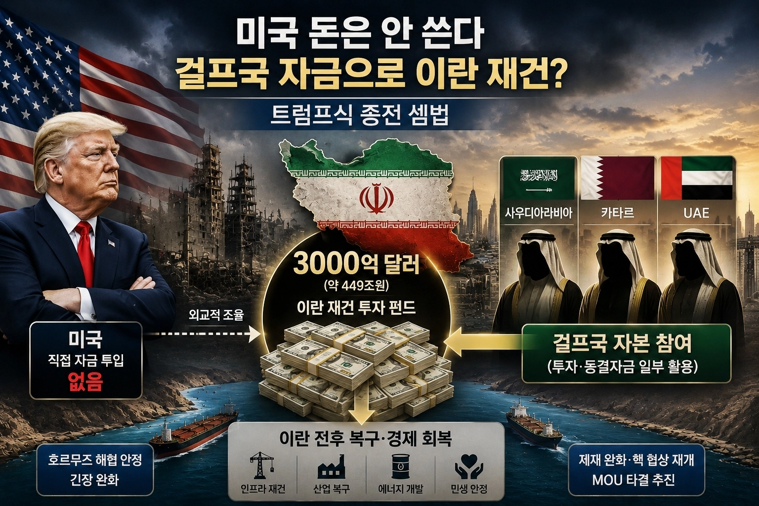 “美, 걸프국 통한 이란 ‘경제지원’ 물밑 추진…3000억달러 규모”  뉴욕타임스(NYT)는 28일(현지시간) 협상 내용을 잘 아는 미국 당국자들을 인용해 트럼프 행정부가 걸프·아랍국들에 전후 이란 재건 자금을 지원해달라고 비공식적으로 요청해왔다고 보도했다. 이란이 수용할 수 있는 조건의 종전 합의에 응하는 것이 전제다. 걸프국들은 이를 위해 3천억달러(한화 약 449조원) 규모의 투자 펀드 조성을 논의하고 있다. 다만, 미국은 해당 펀드에 직접 참여하지 않는 방식을 고려 중인 것으로 알려졌다. 사진은 보도 내용을 기반으로 인공지능 도구를 활용해 만든 인포그래픽. 2026.5.30 서울신문 자료