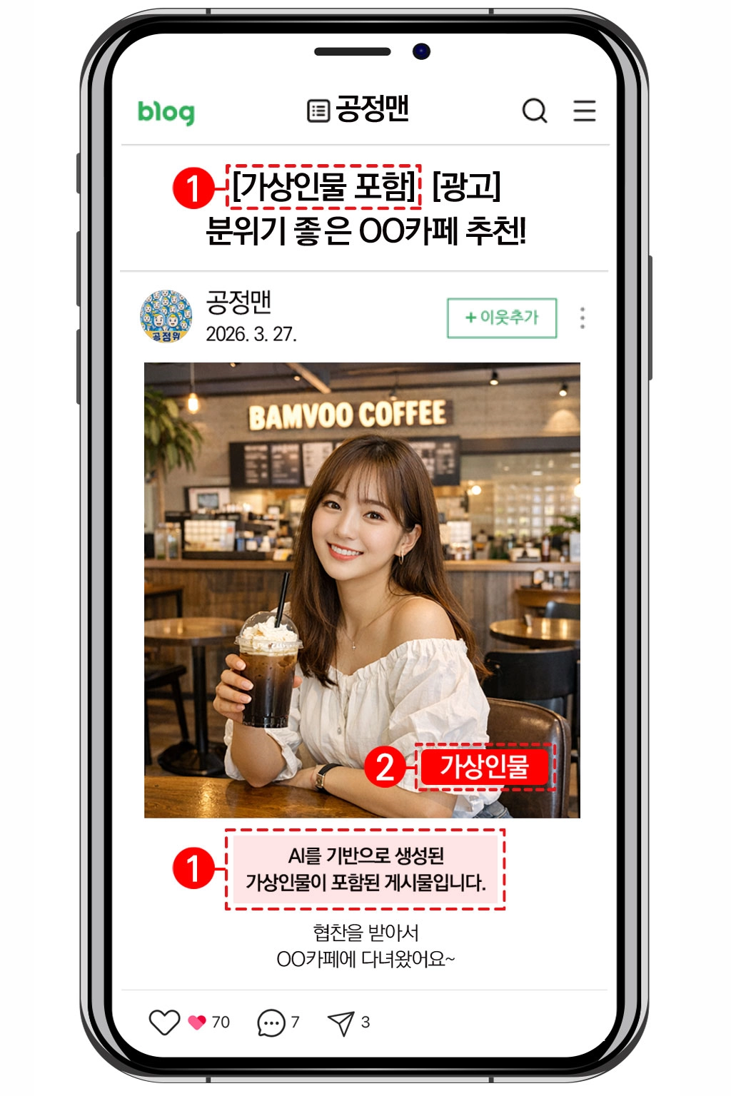 앞으론 인공지능(AI) 생성 이미지를 사용해 블로그 글로 추천·보증을 하는 경우 게시물 제목 또는 첫 부분에 ‘가상인물 포함’이란 문구를 표시해야 한다. 사진은 예시 이미지. 공정거래위원회 제공