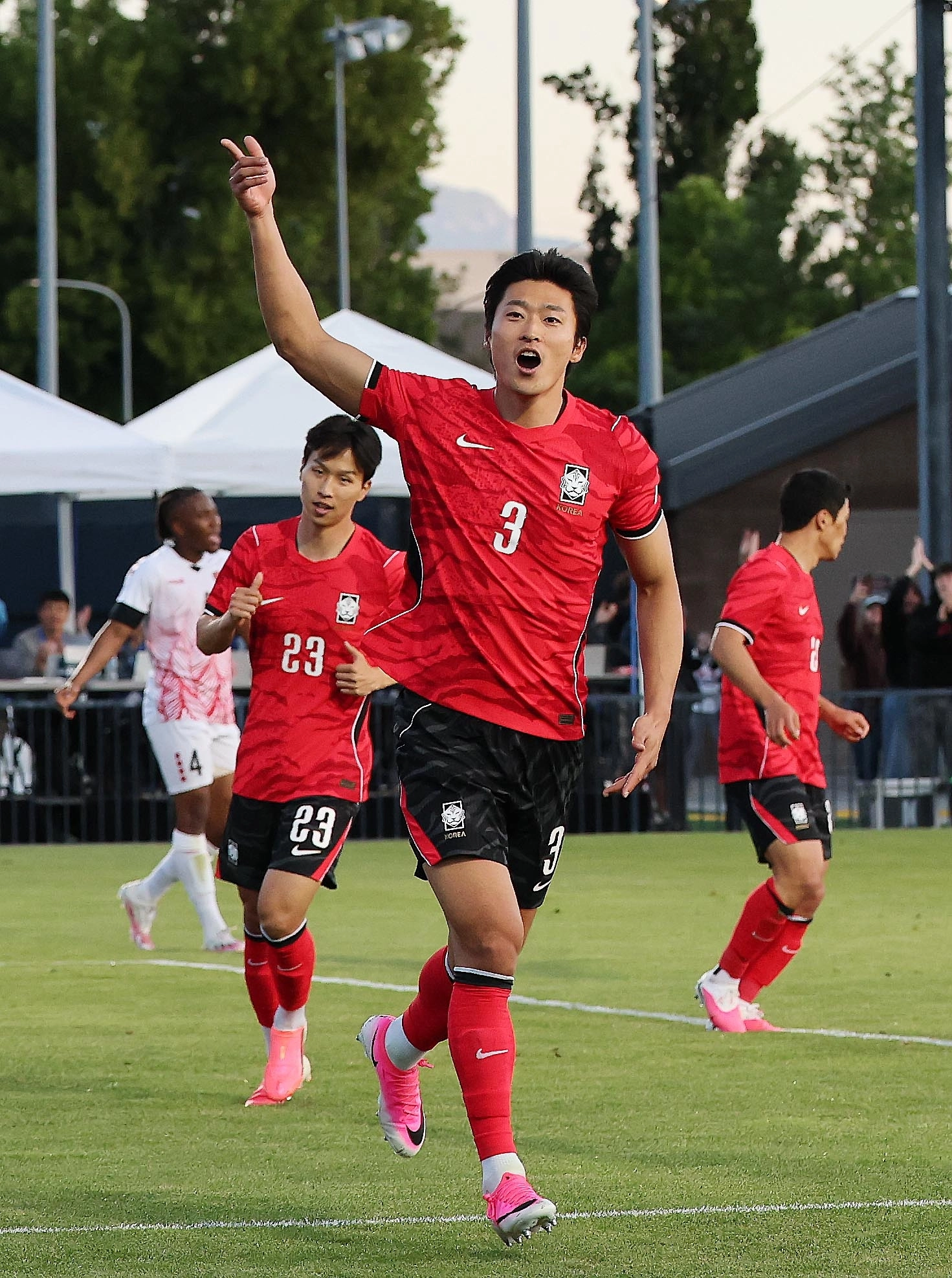 31일(한국시간) 미국 유타주 프로보 브리검영대 사우스필드에서 열린 트리니다드토바고와의 평가전에서 2골을 기록한 조규성의 모습. 한국은 트리니다드토바고를 5-0으로 이겼다.
프로보 뉴스1