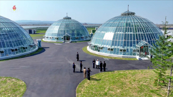 김정은 북한 국무위원장이 지난달 31일 압록강 기슭 위화도지구에 조성된 신의주온실종합농장을 현지지도했다고 조선중앙TV가 1일 보도했다. 2026.6.1. 조선중앙TV 화면 연합뉴스