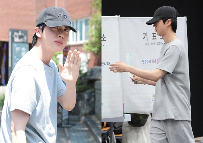 방탄소년단(BTS) 진이 제9회 전국동시지방선거 및 국회의원 재·보궐선거일인 3일 서울 용산구 중부기술교육원에 마련된 한남동 제3투표소로 찾아 소중한 한 표를 행사했다.<br>뉴스1