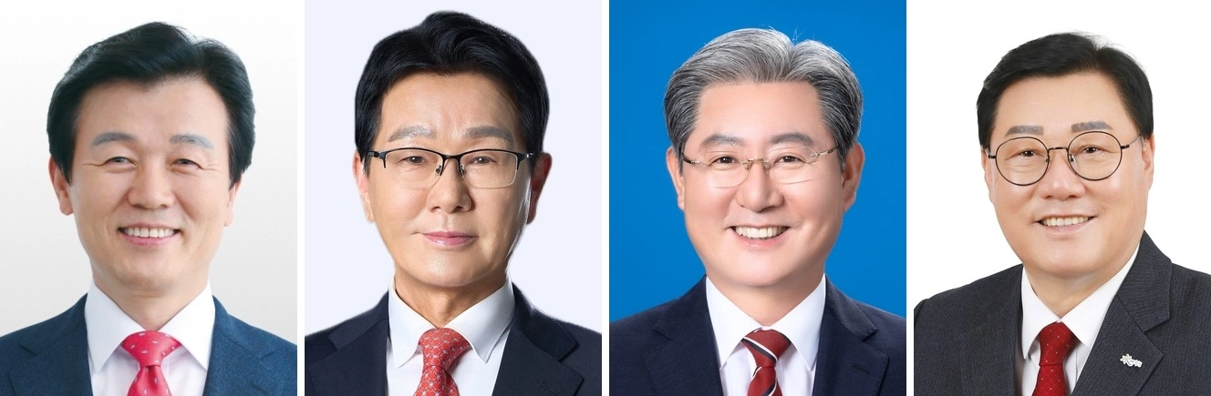 6·3 지방선거 경남 기초단체장 선거에서 무소속으로 나서 당선된 후보들. 왼쪽부터 조규일 진주시장 당선인, 이홍기 거창군수 당선인, 오태완 의령군수 당선인, 김윤철 합천군수 당선인. 2026.6.5. 중앙선거관리위원회