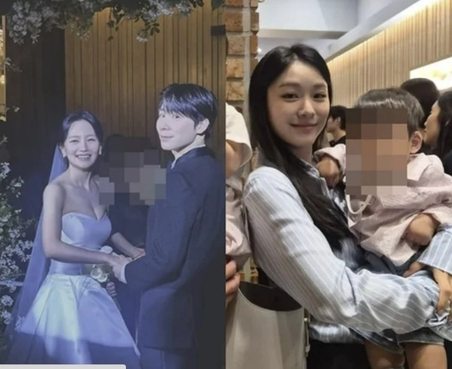 ‘피겨 여왕’ 김연아가 백은혜 이준우 부부의 결혼식에서 동료 선수의 아들을 안고 사진을 촬영하고 있다. 조경아 SNS 캡처
