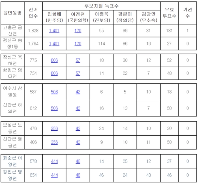 전남광주특별시 사전투표 득표 현황. 선거관리위원회