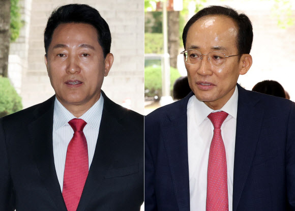 오세훈 서울시장이 17일 서울 서초동 서울중앙지법에서 열린  ‘명태균 여론조사 의혹’ 사건 1심 결심공판에 출석하고 있다. 오른쪽 사진은 이날 추경호 대구시장 당선인이 내란 중요임무 종사 혐의 관련 1심 속행 공판에 출석하고 있는 모습. 2026.6.17  연합뉴스