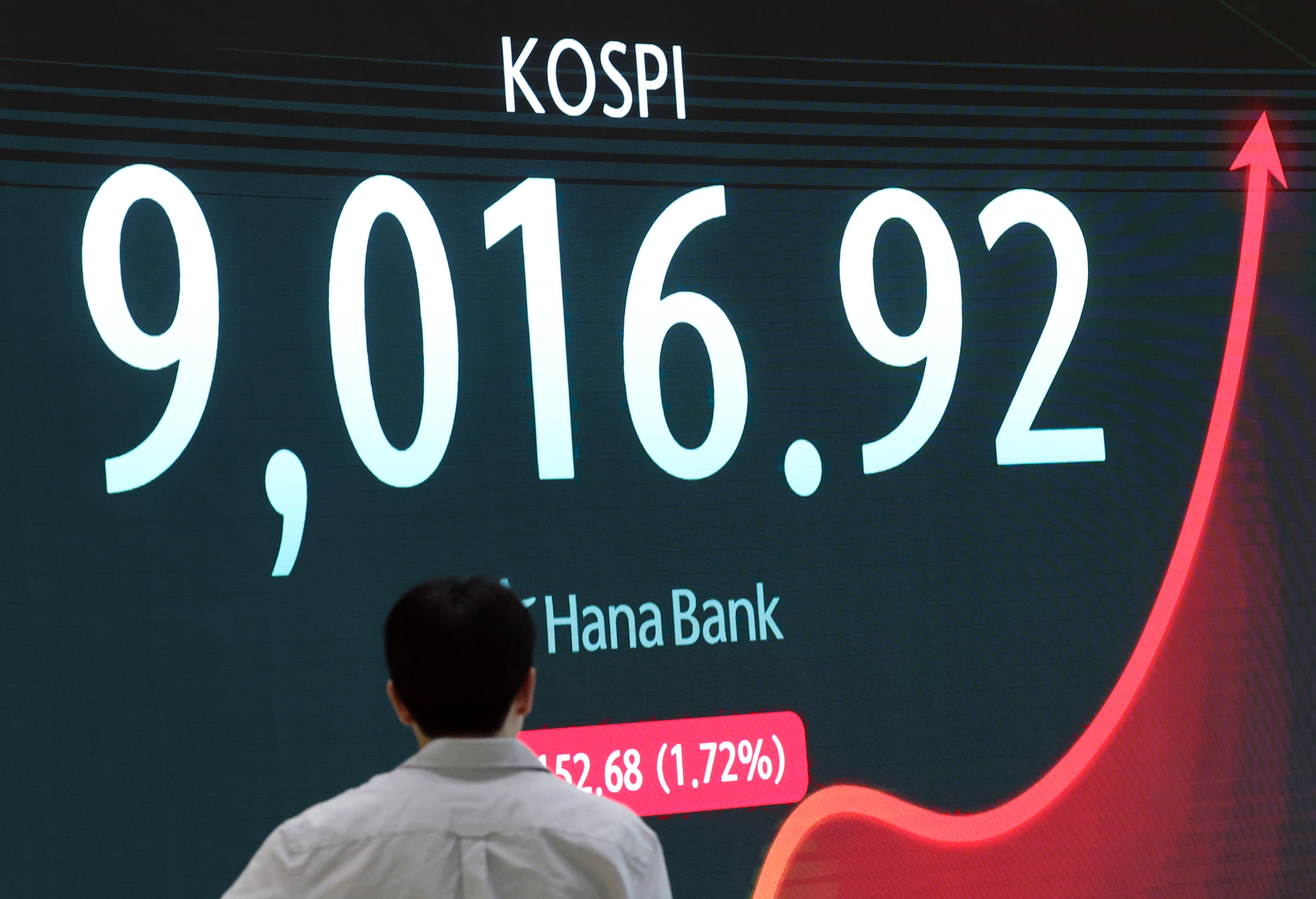 코스피가 사상 처음으로 9000선을 돌파했다. 지난달 8000포인트에 도달한 지 약 한달 만이다. 18일 서울 중구 하나은행 딜링룸에서 딜러들이 업무를 보고 있다. 2026.6.18. 연합뉴스