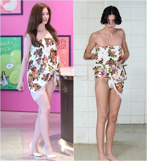 그룹 트와이스 멤버 사나(왼쪽)가 지난 18일 서울 종로구 이마빌딩에서 열린 ‘티젠X트와이스 콤부차 랩(LAB)’ 포토세션에 참석한 가운데, 속옷이 노출된 듯한 파격적인 의상으로 논란이 됐다. 뉴스1·본봄