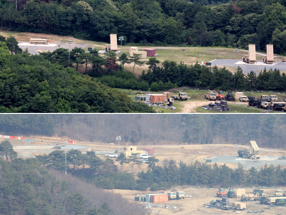 21일 경북 성주군 미군 사드(THAAD·고고도 미사일 방어체계) 기지에 사드 발사차량 일부가 재배치돼 있는 모습(위)과 지난 3월 같은 위치에 배치된 방공무기 모습(아래). 중동 전쟁 당시 성주기지에서 반출됐던 발사차량이 복귀한 것으로 보인다. 2026.6.21 연합뉴스