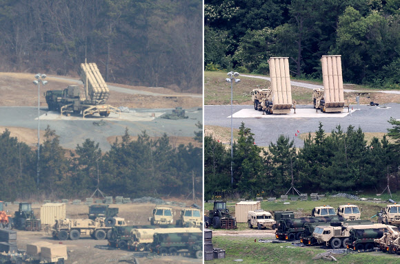 21일 경북 성주군 미군 사드(THAAD·고고도 미사일 방어체계) 기지에 사드 발사차량 일부가 재배치돼 있는 모습(오른쪽)과 지난 3월 같은 위치에 배치된 방공무기 모습(왼쪽). 중동 전쟁 당시 성주기지에서 반출됐던 발사차량이 복귀한 것으로 보인다. 2026.6.21 연합뉴스
