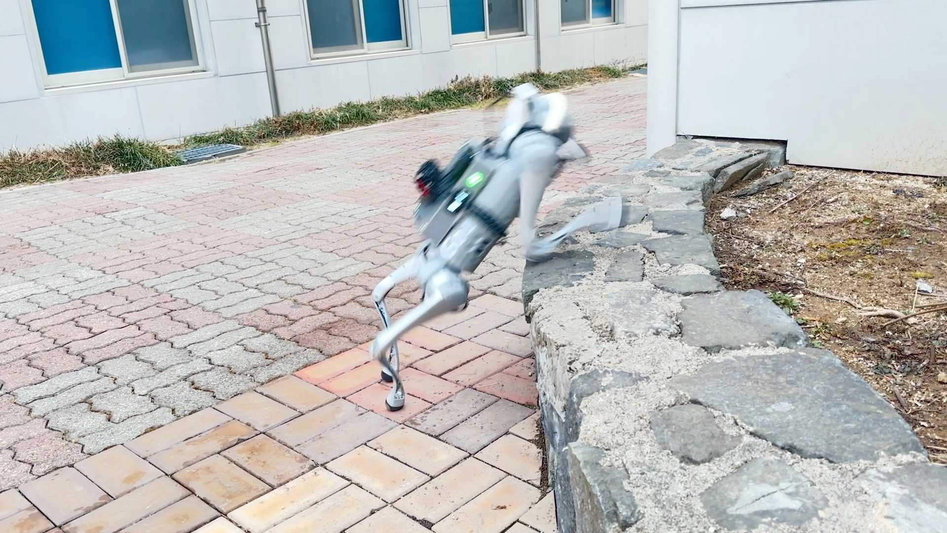 한국기술교육대 연구팀이 개발한 노이즈 강인 인식 프레임워크를 내재한 Unitree Go1 실제환경 파쿠르 실험 장면. 한기대 제공