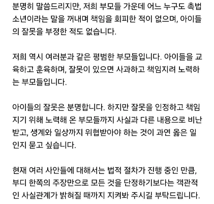 지난 15일, 한 온라인 커뮤니티에 게시된 일부 학부모 측의 입장 글. 해당 학부모들은 “촉법소년 제도를 악용해 책임을 회피하려 한 적이 없다”며 “잘못이 있으면 사과하고 책임지려 노력하는 부모들”이라고 주장하고 있다. 온라인 커뮤니티 캡처
