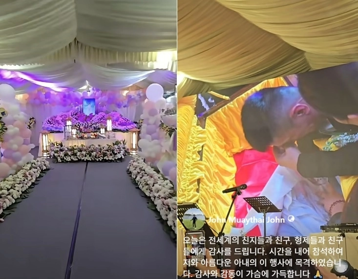 말레이시아의 한 남성이 결혼을 약속했던 연인이 갑작스럽게 세상을 떠나자 약혼녀의 실물 크기 등신대와 함께 결혼식을 올렸다. 페이스북 캡처(@John Muaythai John)