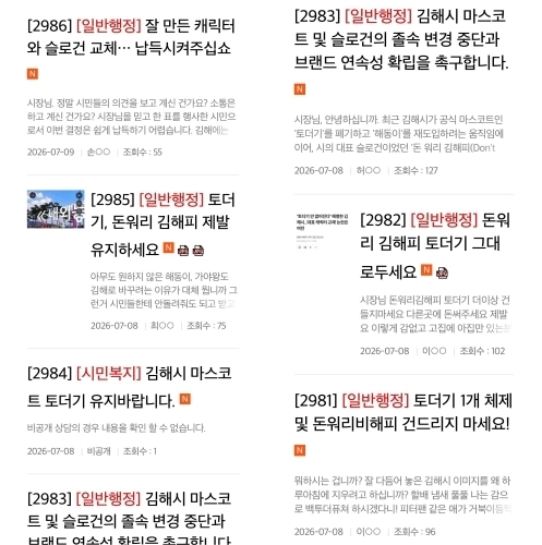 김해시청 홈페이지 ‘시장에게 바란다’에 올라왔다가 ‘다량민원게시판’으로 옮겨진 시 슬로건 및 캐릭터 교체 반대글.