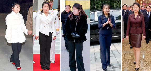 김정은 북한 국무위원장과 동행한 딸 주애의 주요 공개 행보. 왼쪽부터 2022년 11월 대륙간탄도미사일(ICBM) ‘화성-17형’ 시험발사 현장에 흰 패딩에 빨간 구두 차림으로 첫 등장, 2023년 8월 해군사령부, 2024년 1월 광천닭공장, 2025년 9월 중국 베이징(첫 해외 방문), 2026년 1월 1일 금수산태양궁전 첫 참배.  2026.7.9 조선중앙통신·조선중앙TV 화면=연합뉴스 자료사진