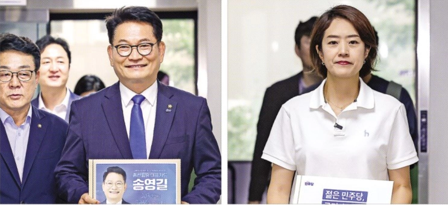 더불어민주당 당대표 선거에 출마한 송영길(오른쪽) 의원이 16일 여의도 중앙당사에서 후보 등록을 하기 위해 이동하고 있다(왼쪽 사진). 오른쪽 사진은 당대표 선거에 도전한 고민정 의원이 같은 날 후보 등록을 하는 모습.
연합뉴스