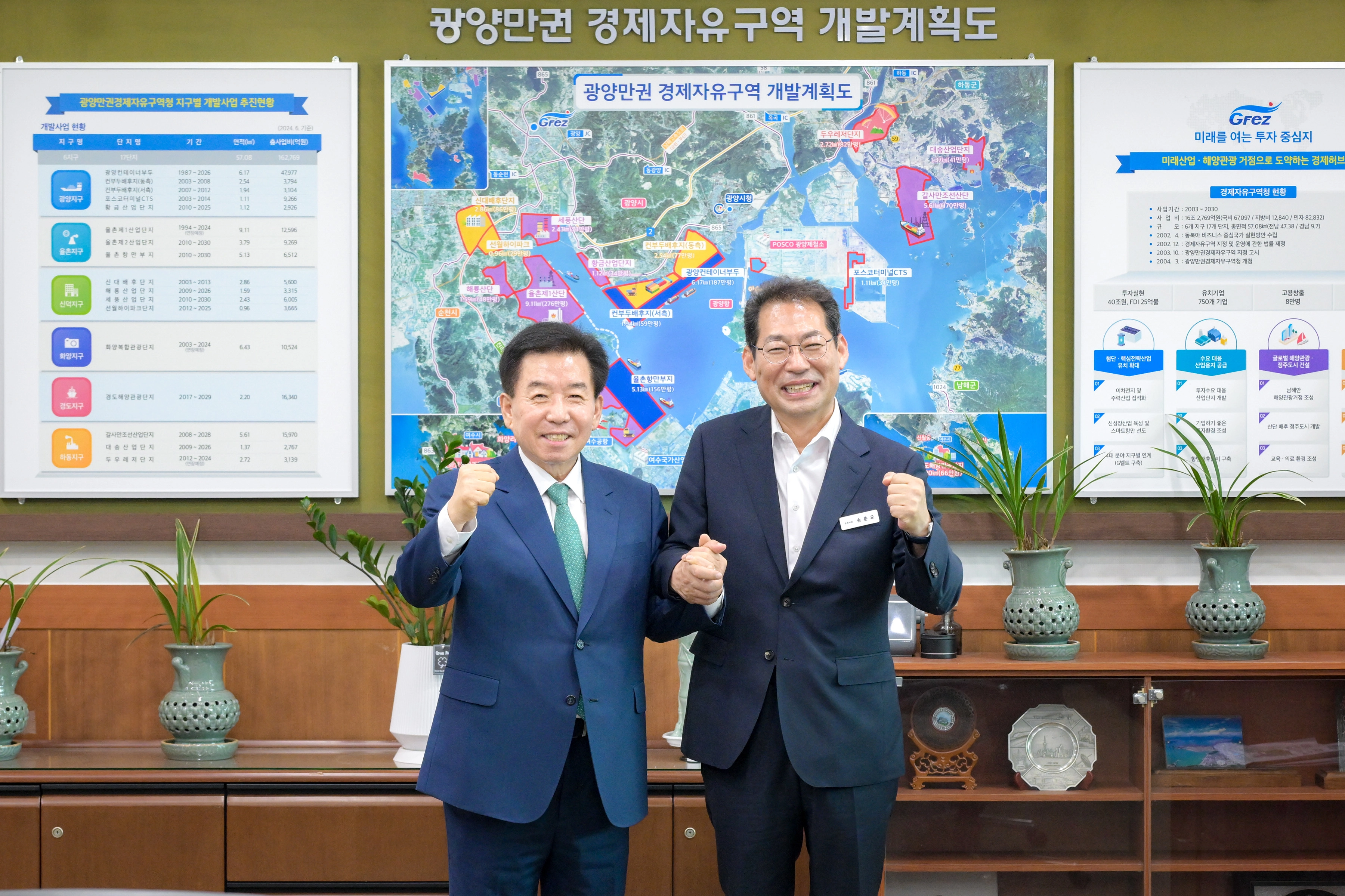 구충곤(왼쪽) 광양경자청장과 손훈모 순천시장이 손을 맞잡고 화이팅을 외치고 있다.