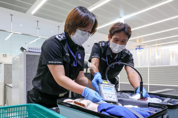 22일 인천국제공항 제1여객터미널 집중검사실에서 관세청 직원이 라만분광기를 이용해 마약밀수를 적발하는 장면을 시연하고 있다. 2026.7.22  공동취재