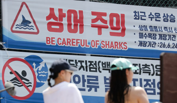 최근 서귀포 앞바다에서 상어가 출몰한 가운데 23일 오전 제주 서귀포시 중문색달해수욕장 백사장 앞에 상어조심 현수막이 붙어 있다. 2026.07.23. 뉴시스