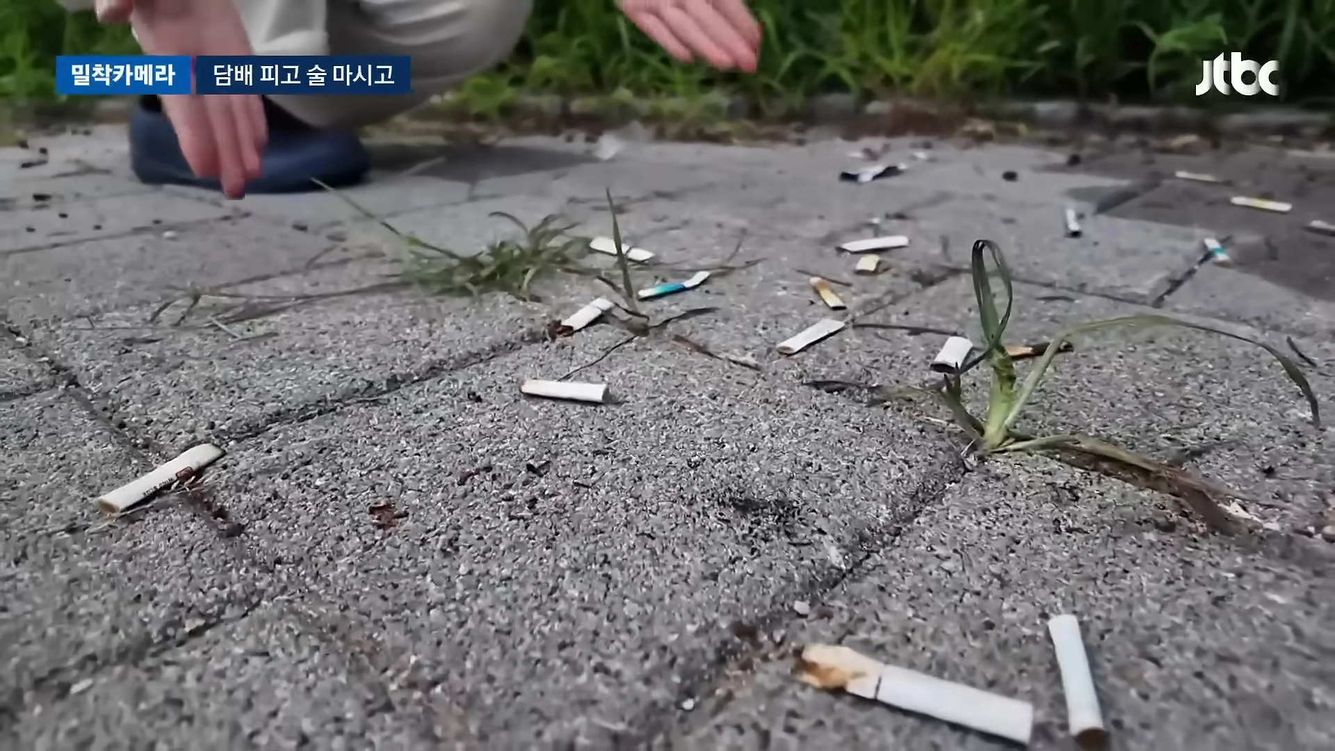 한강 수영장 바닥에 담배꽁초가 버려져있다. JTBC News 보도화면 캡처