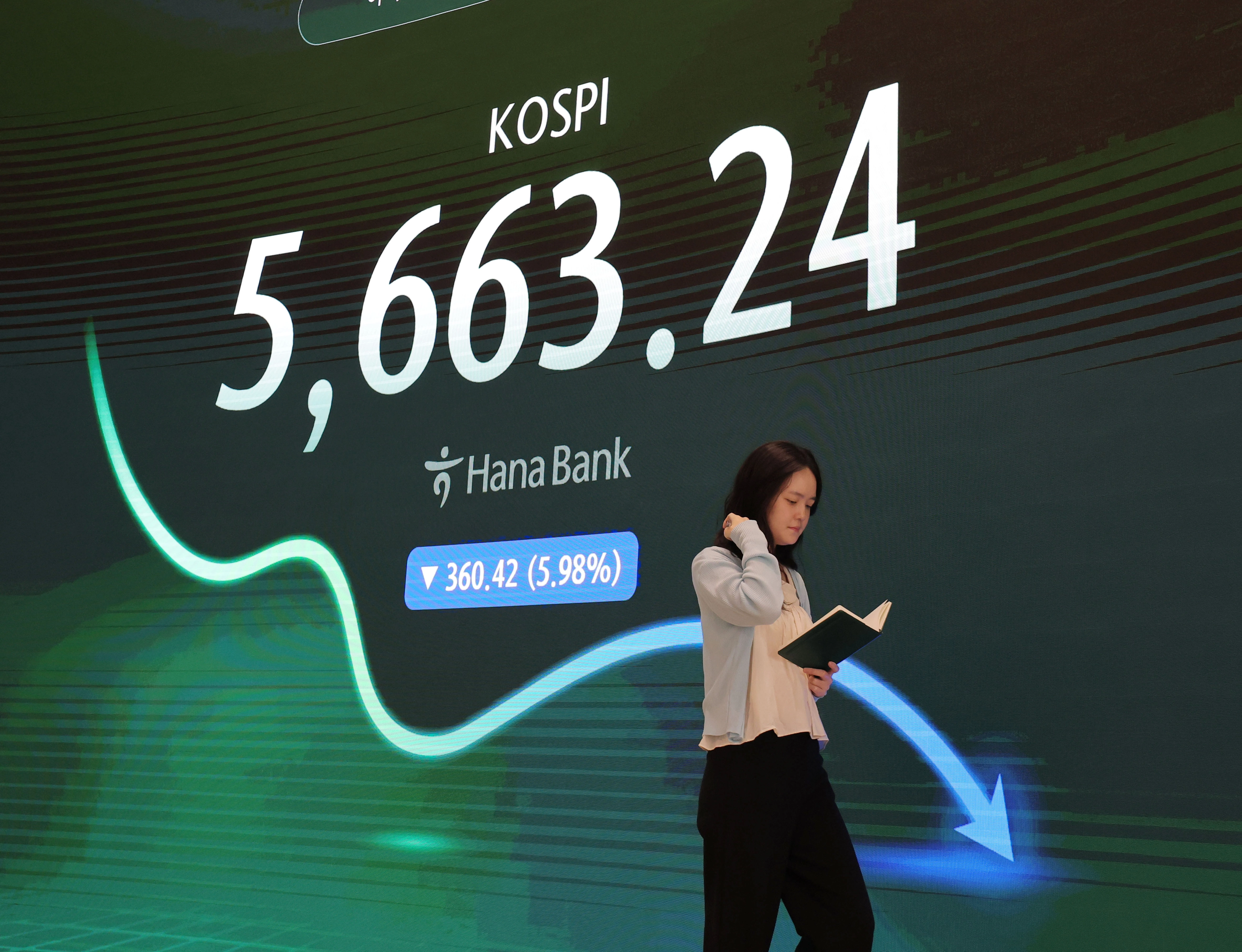 코스피가 전장보다 360.42p(5.98%) 내린 5,663.24로 마감한 29일 오후 서울 중구 하나은행 딜링룸에 이날 지수가 표시되고 있다. 2026.7.29. 연합뉴스