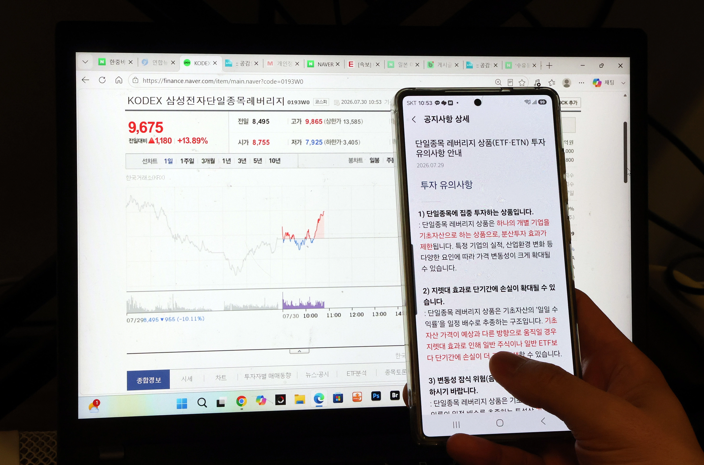 단일종목 레버리지 기본예탁금 3000만원 상향 적용  30일 서울 시내에서 한 개인 투자자가 증권사 앱으로 단일종목 레버리지 상품(ETF·ETN) 투자 유의사항 안내 공지사항을 바라보고 있다. 정부가 단일종목 레버리지 상장지수펀드(ETF)에 따른 증시 변동성 확대를 억제하기 위해 개인별 투자한도를 총 투자금액의 20% 이내로 제한하는 방안을 추진한다. 금융당국은 투자한도 산정 방식과 적용 대상, 기존 투자자 처리 방안 등 세부 기준을 마련할 예정이다. 또한 31일부터는 단일종목 레버리지 상품 투자자에게 현금 기준 3000만원의 기본예탁금이 적용된다. 2026.7.30/뉴스1