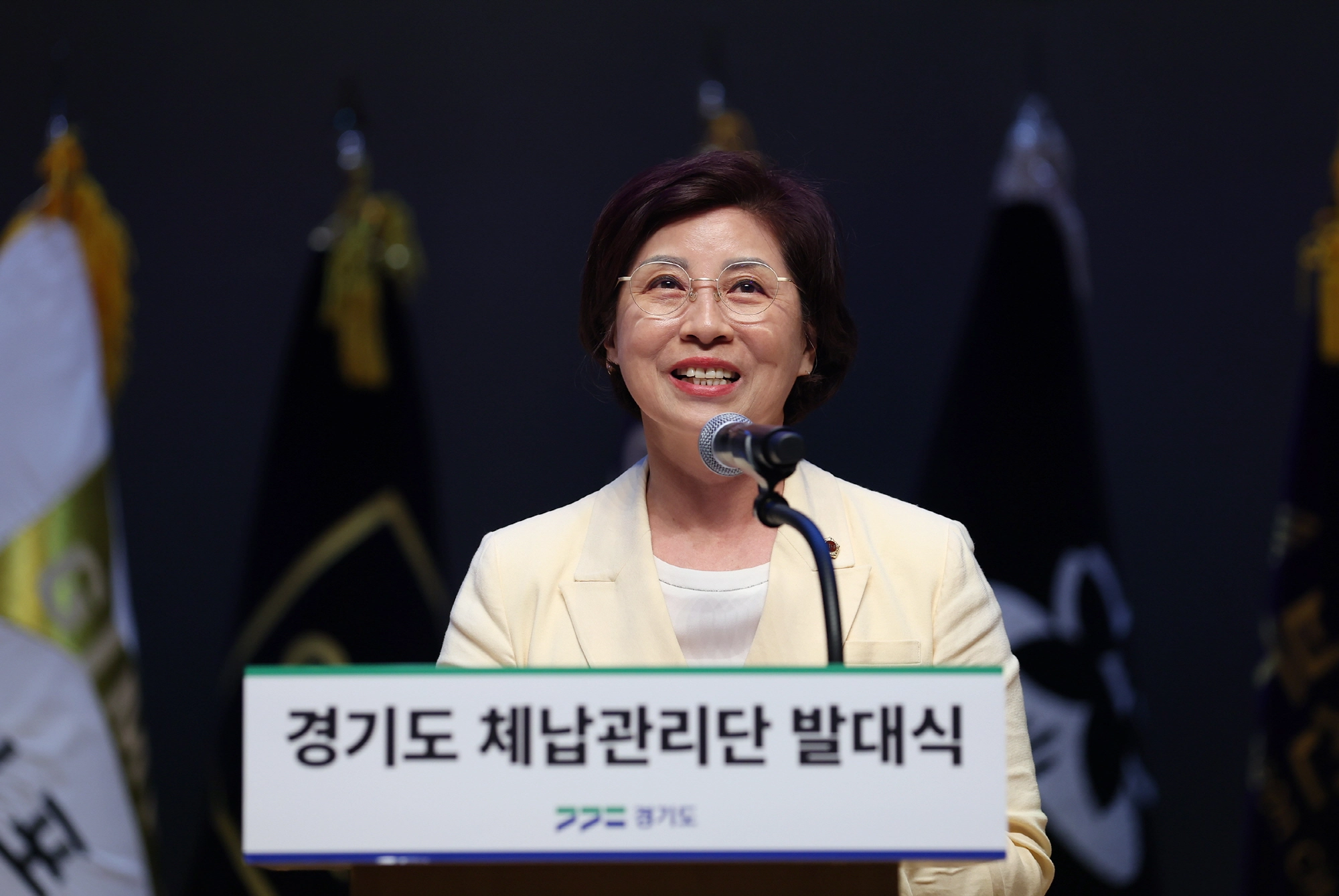 ▲김미숙 부의장이 5일 경기도청 다산홀에서 열린 ‘2026년 경기도 체납관리단 발대식’에 참석해 축사를 하고 있다. (사진=경기도의회)