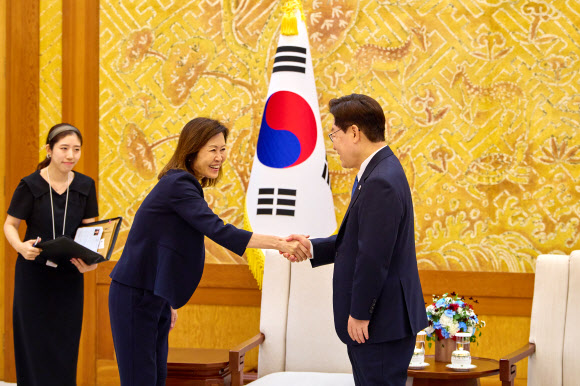 이재명 대통령이 12일 청와대에서 미셸 스틸 미국대사와 환담에 앞서 악수하고 있다. 2026.8.12. 청와대 제공
