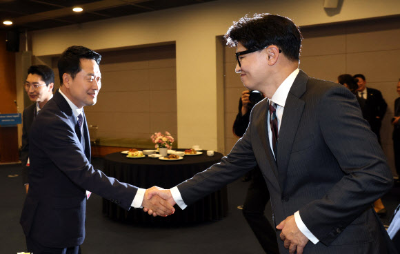 악수하는 장동혁 대표·한동훈 의원