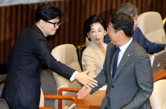 악수하는 김승원?한동훈