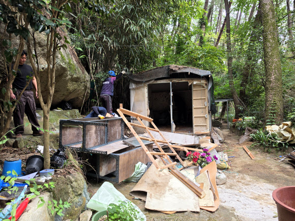 14일 오전 부산 금정산 국립공원에서 약 20년 전 조성된 것으로 추정되는 불법 기도터에 대한 철거작업이 진행되고 있다. 금정구와 금정산국립공원사무소는 65명을 투입해 대집행을 진행했다. 2026.9.14. 유진철 범금정산보존회장 제공